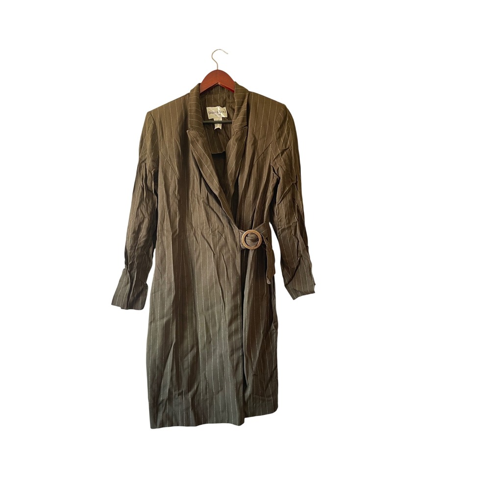 90s Danny & Nicole New York Brown Pinstripe Buckle Wrap Coat Dress Size 10
